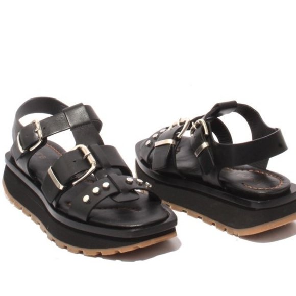 ITALIAN Black Leather Platform Slingback Sandals - Picture 2 of 8
